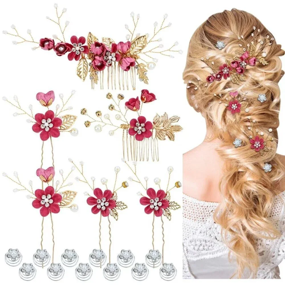 18 Pieces Bridal Wedding Party Prom Pearl Rhinestone Rose Red Flower Hair Side C